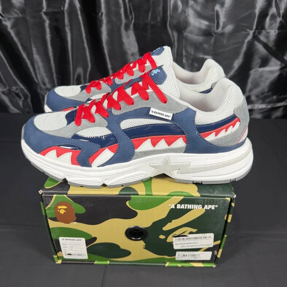 A Bathing Ape Shark Sta France Navy Red White Sneakers 1K20191302 Mens Size 12